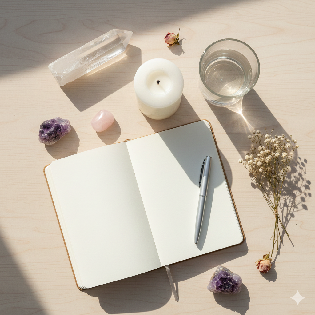 Composição plana de um ritual de lua nova: vela, caderno, caneta, cristais, um copo de água, flores secas